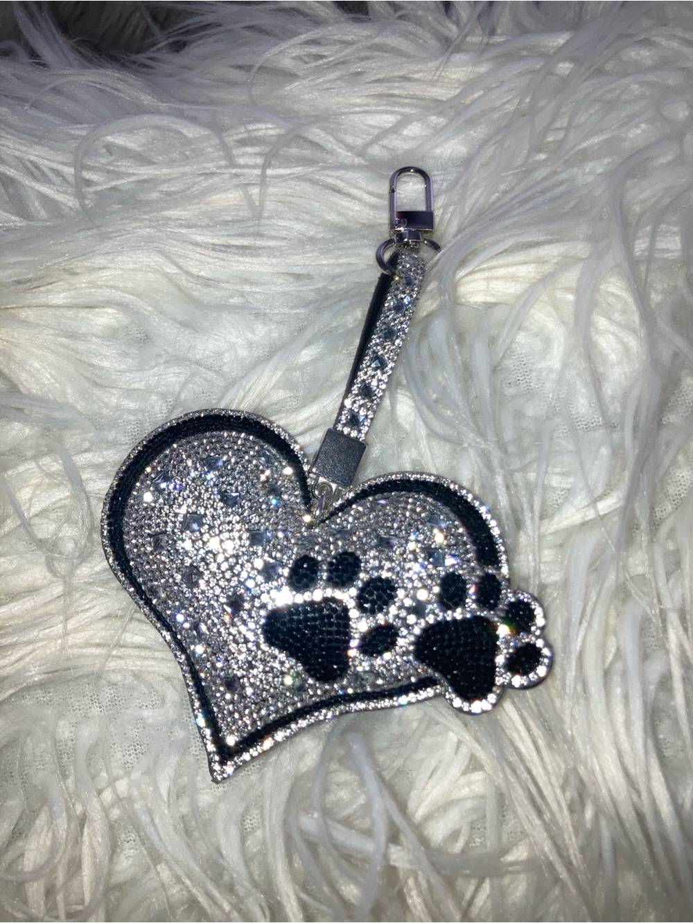 Sparkling Heart Paw Keychain - Silver and Black